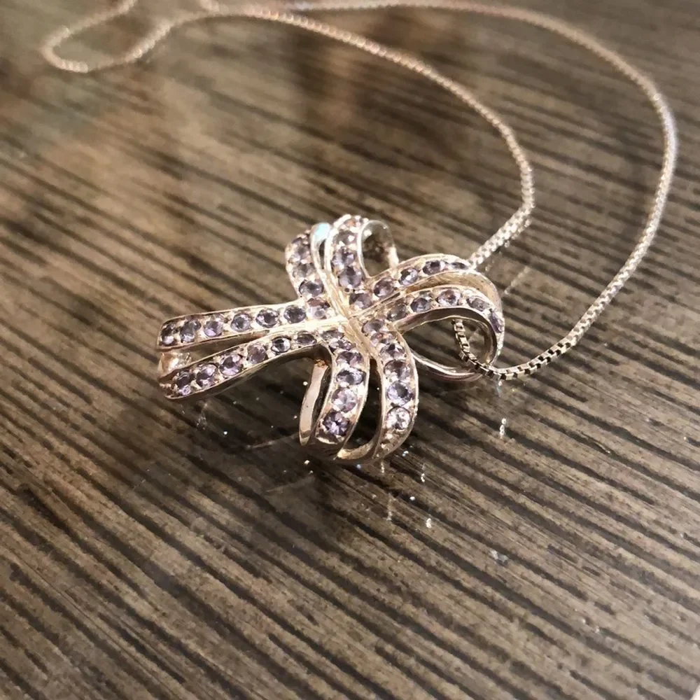 Vintage Loopy Bow Cross Necklace with Pale Purple Stones Sterling Silver